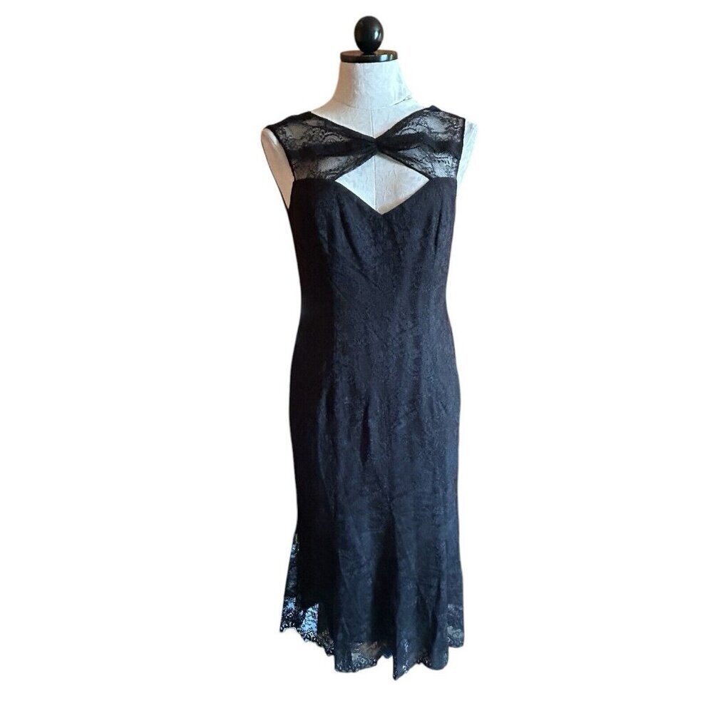 David Meister Black Lace Midi Sheath Tulip Dress Size 6 Vampire Party